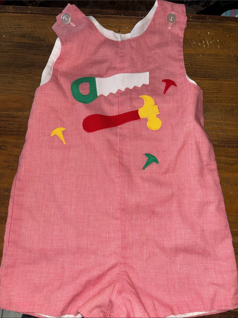 Kelly’s Kids Red Gingham Tool Appliqué Toddler Romper